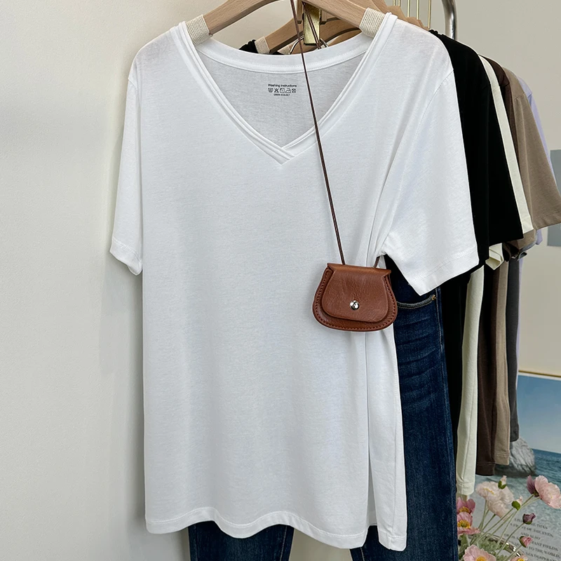 薄款简约T恤衫韩风大V领短袖日常百搭休闲2025夏季宽松纯色上衣女