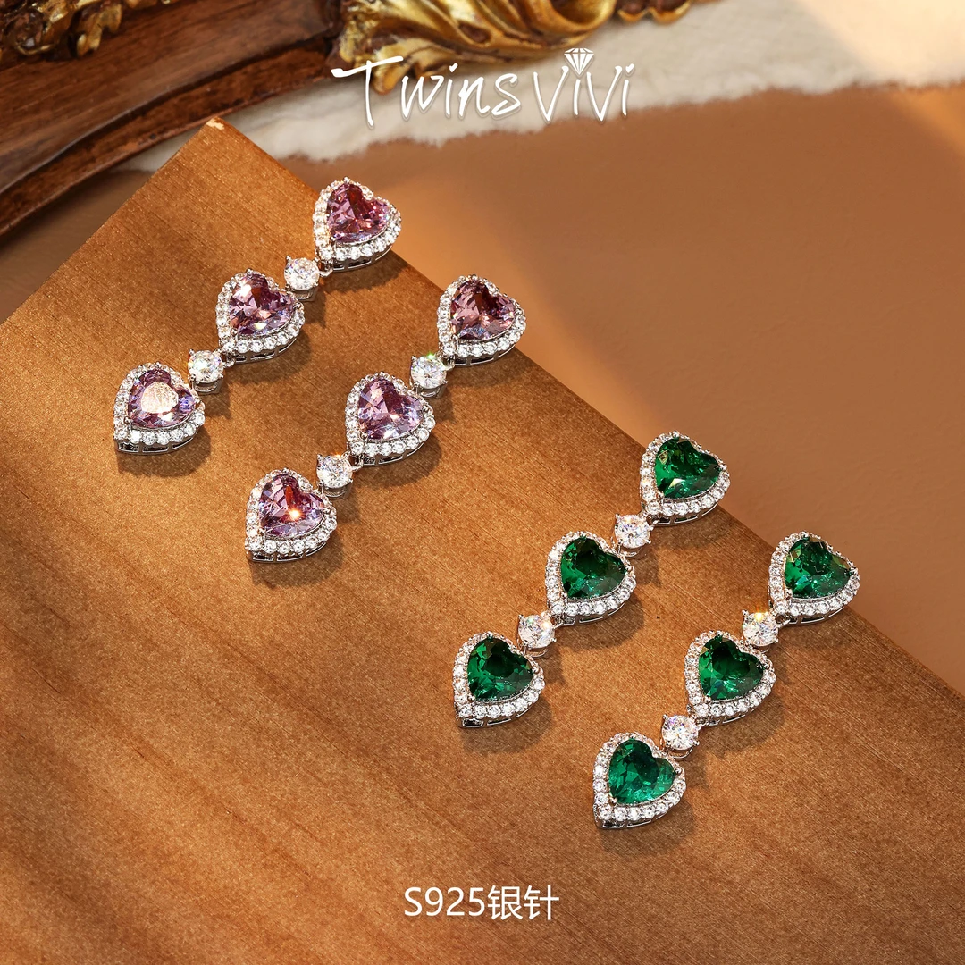 TWINS VIVI 铜合金合成锆石耳饰 紫色三爱心耳坠/A05579