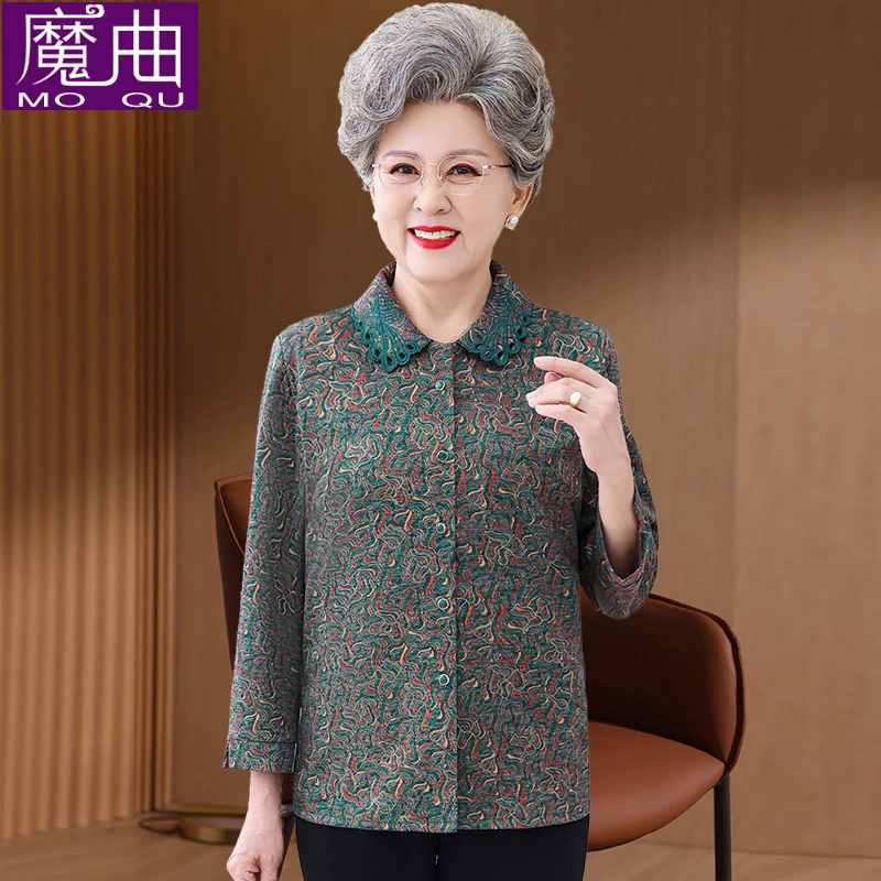 奶奶春装长袖衬衫上衣中老年人妈妈春秋宽松薄外套衬衣老太太衣服
