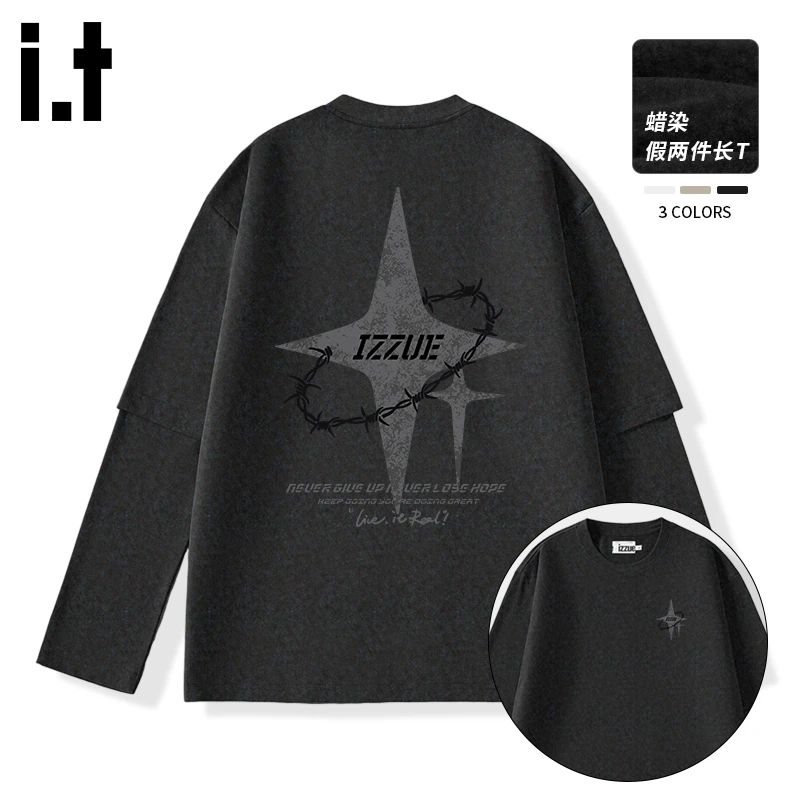 i.t izzue春秋季重磅假两件长袖男t恤美式哥特风潮牌痞帅炸街男装