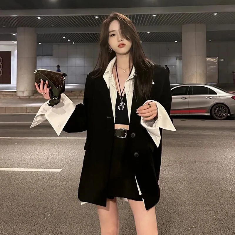 两件套 韩版女新款拼接假两件西装外套+配腰带拼接裙裤ins风套装