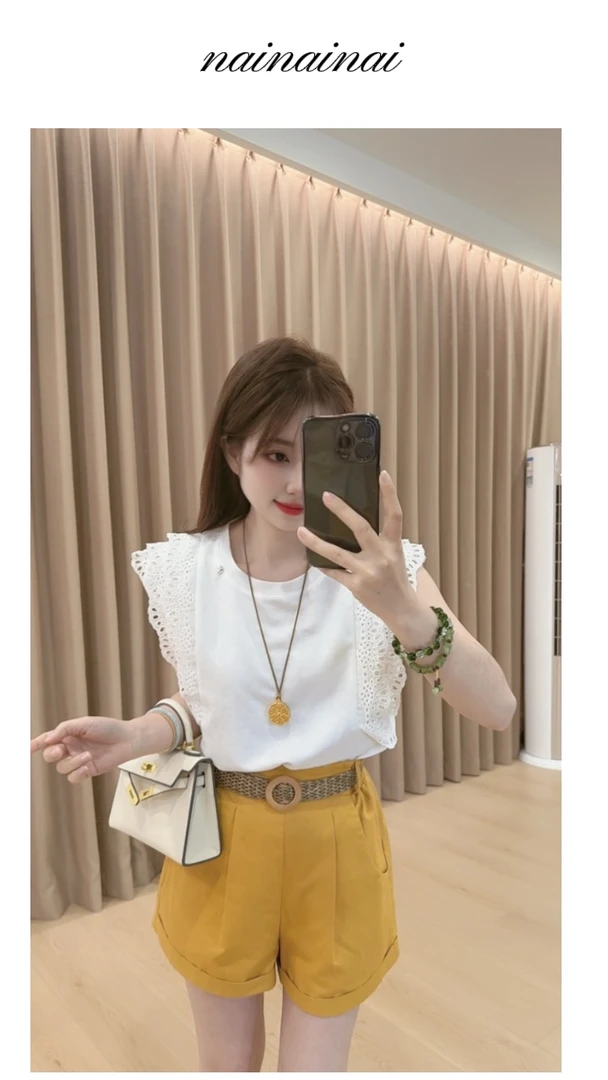 奈奈妮【初雪谣】T恤短袖女2025夏季新款无袖洋气百搭8753