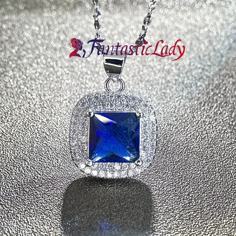 合金锆石吊坠 【Fantasticlady】轻奢皇家蓝方形吊坠百搭欧美坠链