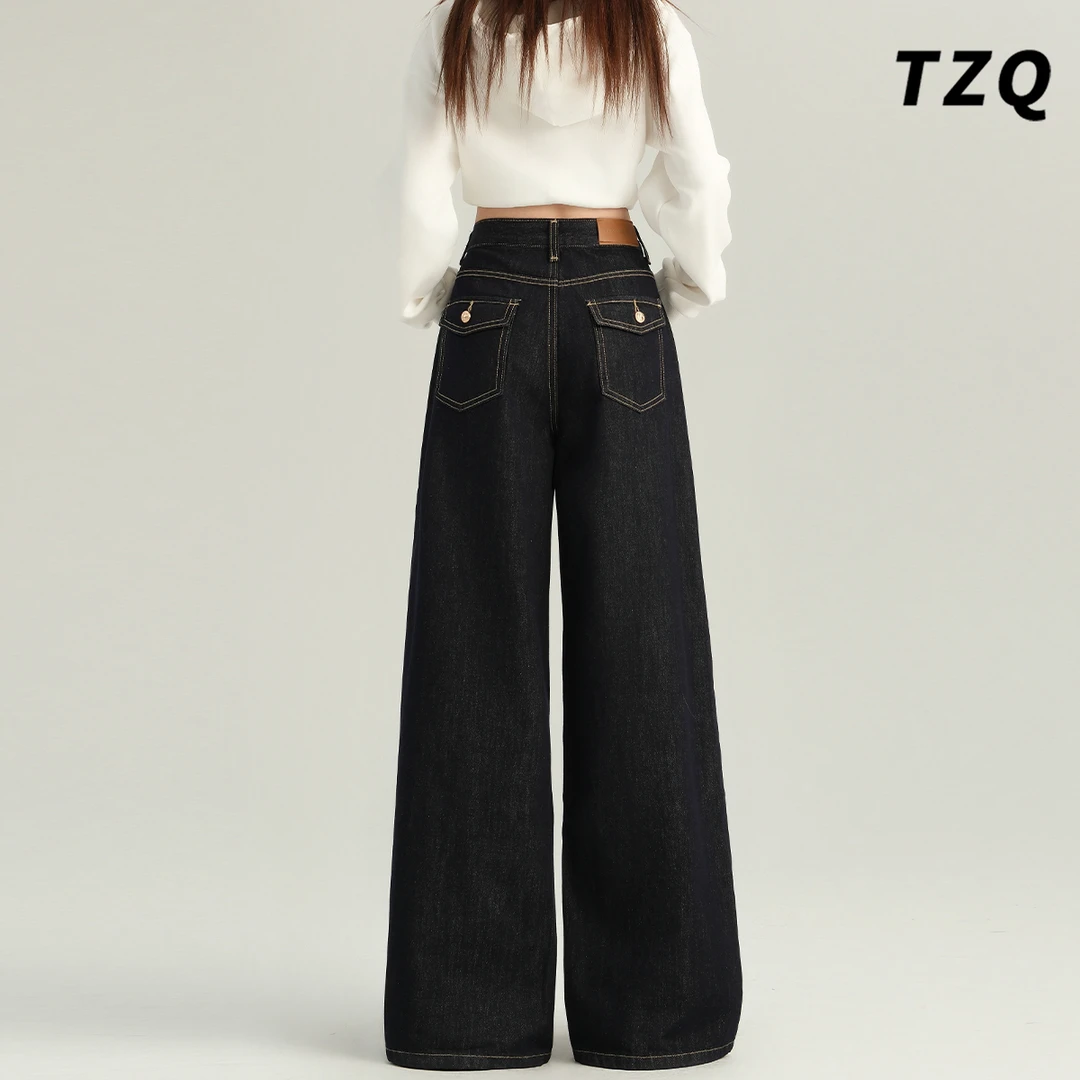 美式复古蓝色牛仔裤女秋冬季2025新款高腰宽松阔腿裤TZQ25110803