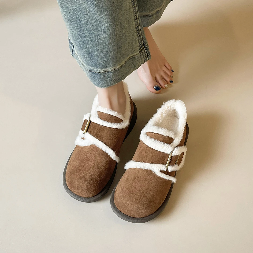 2025年新款冬季时尚不累脚保暖加绒厚底棉鞋毛毛扣带勃肯雪地靴女