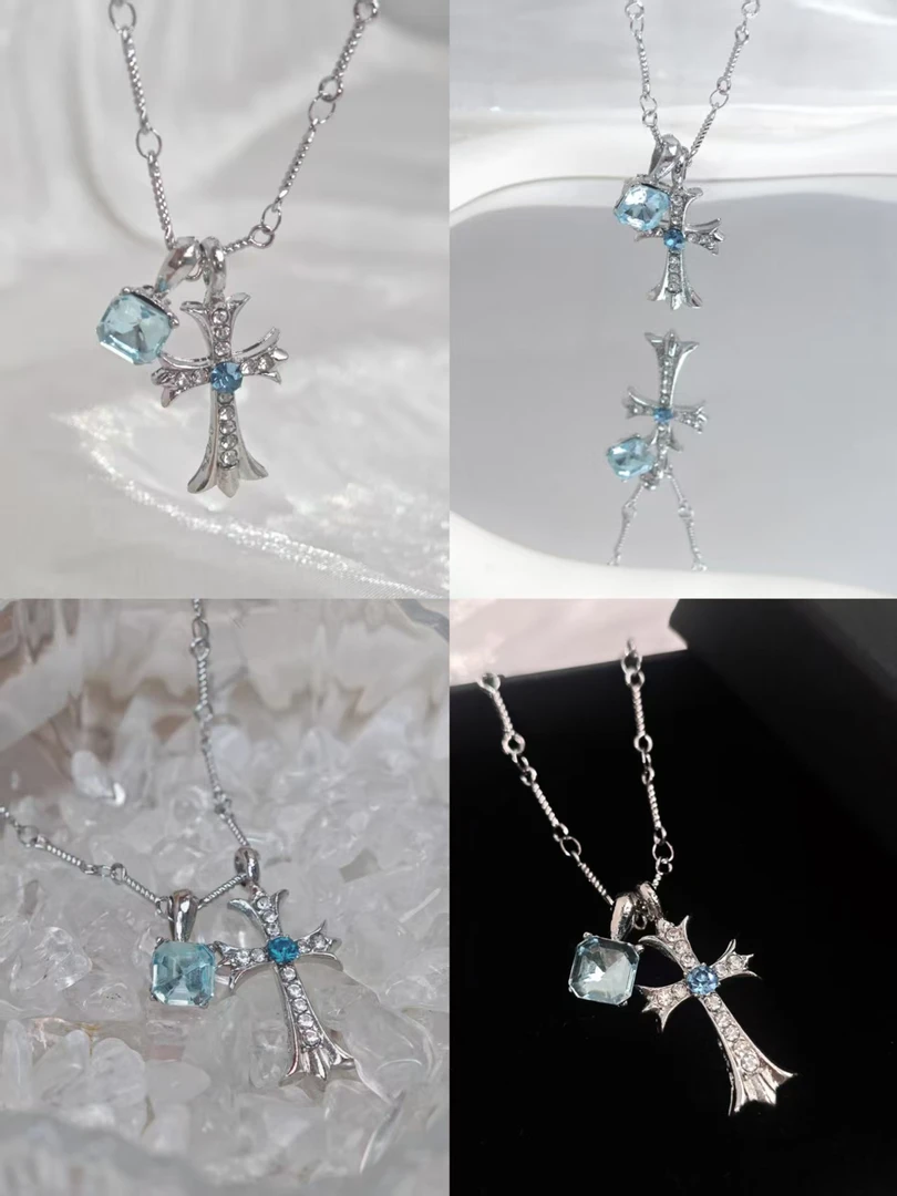 钛钢项链 【steph】方形锆石十字架吊坠项链ins风高级感气质锁骨链