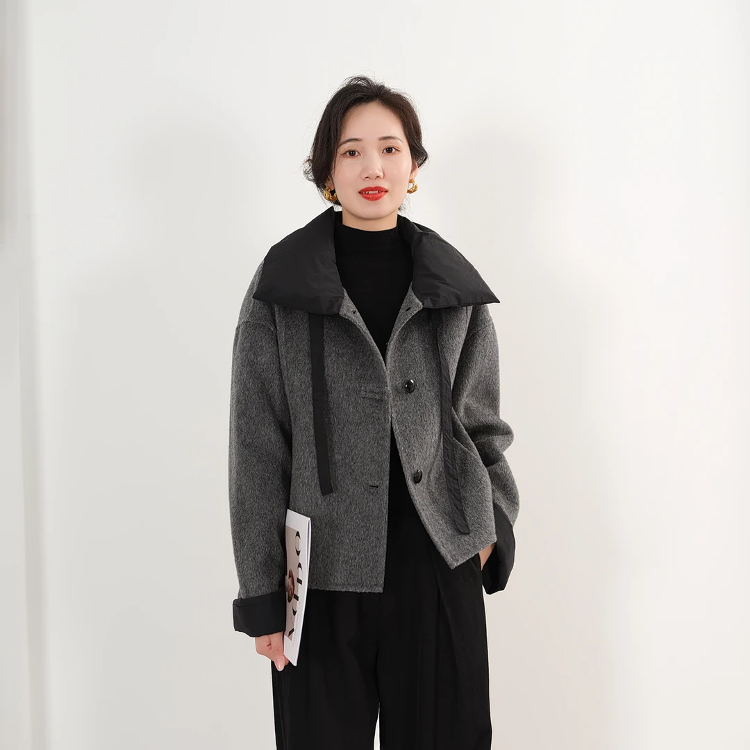 EKNR双面呢拼接羽绒外套女2025秋冬新款宽松气质短款翻领羊毛大衣