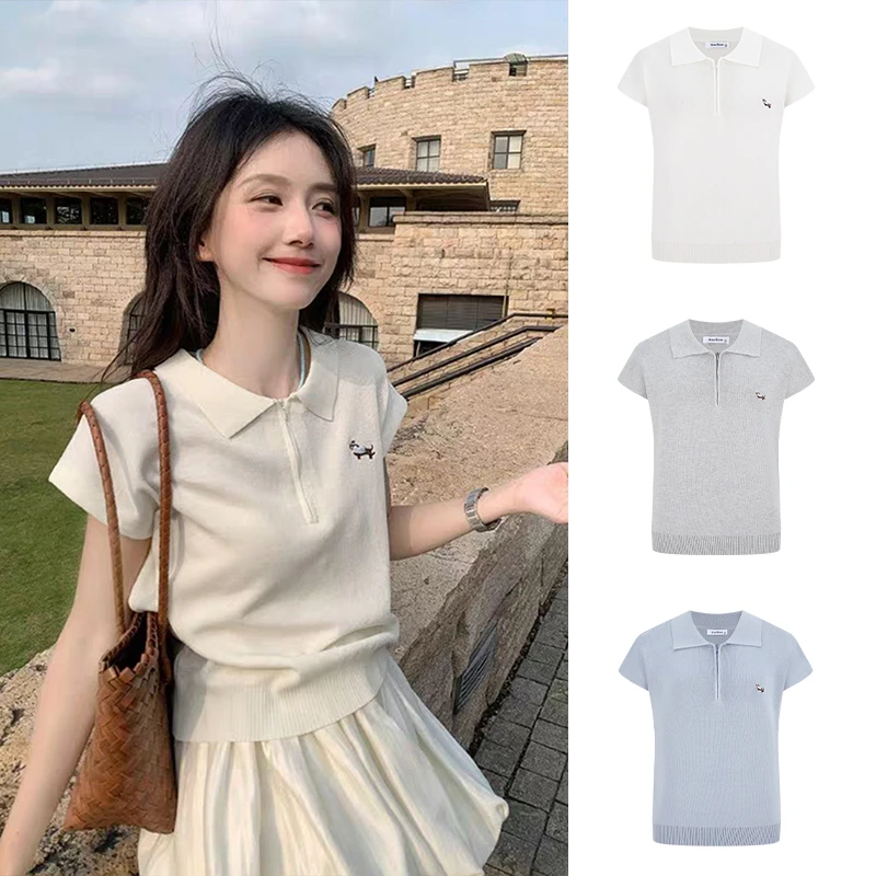 Moses Queen/魔西女王洋气翻领针织短袖女半拉链polo衫宽松上衣