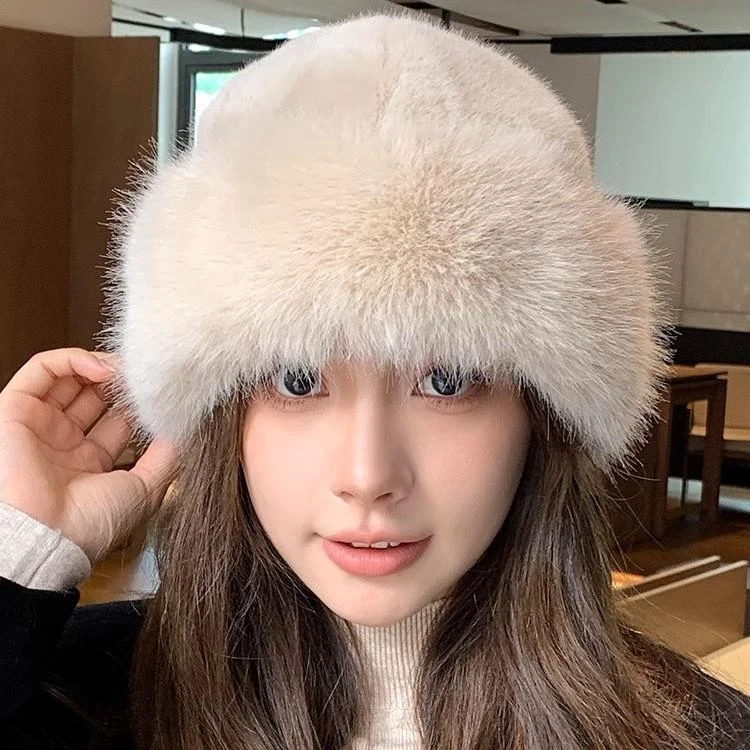 毛茸茸防寒帽子毛绒蒙古帽女秋冬季白色保暖东北盆帽护耳帽渔夫帽