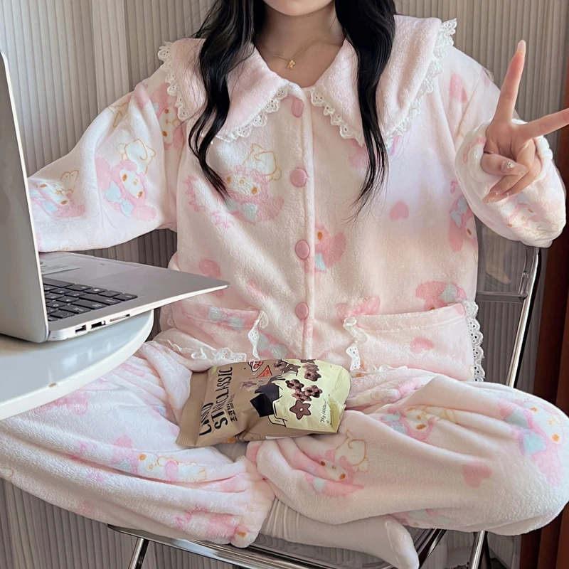 珊瑚绒睡衣女秋冬天季娃娃领美乐蒂加厚可外穿法兰绒家居服套装