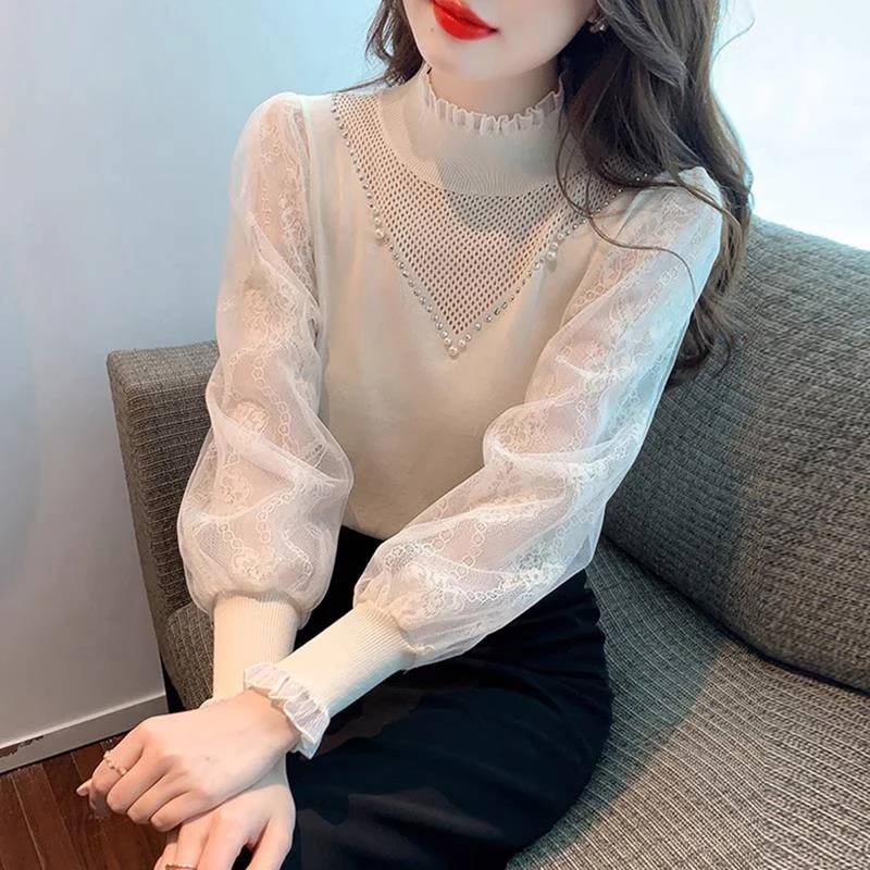 半高领针织衫女春装2025新款洋派内搭小衫蕾丝高品质打底衫上衣