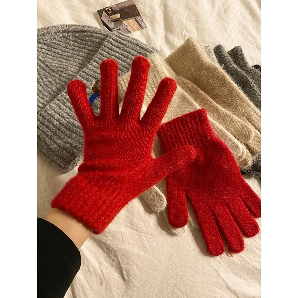 红色针织毛线手套女2025年秋冬季可触屏加厚保暖防寒五指骑行
