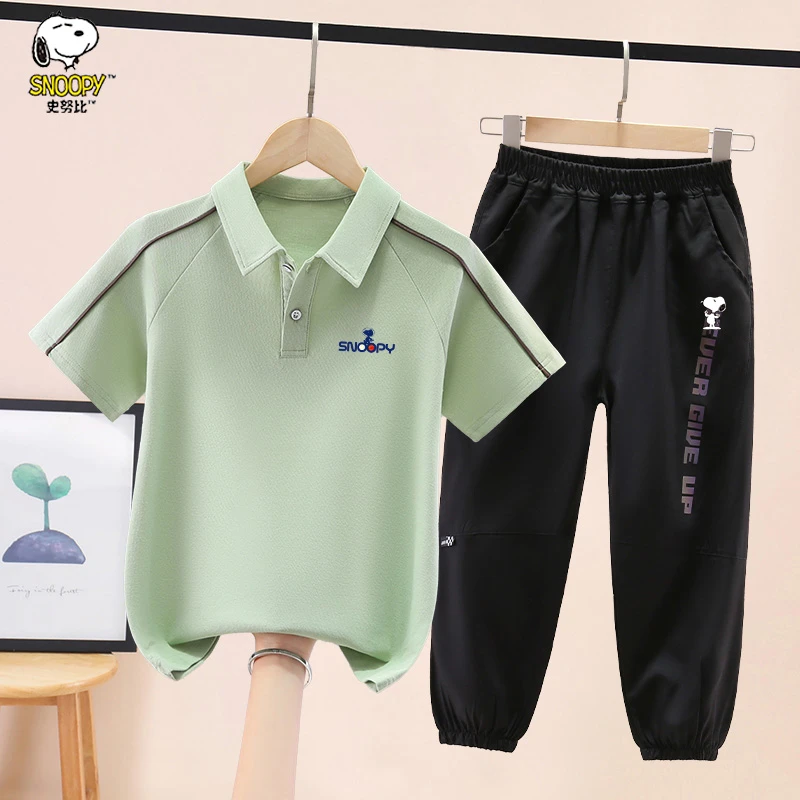 Snoopy/史努比男童纯色短袖长裤套装夏季儿童polo衫T恤洋气上衣潮
