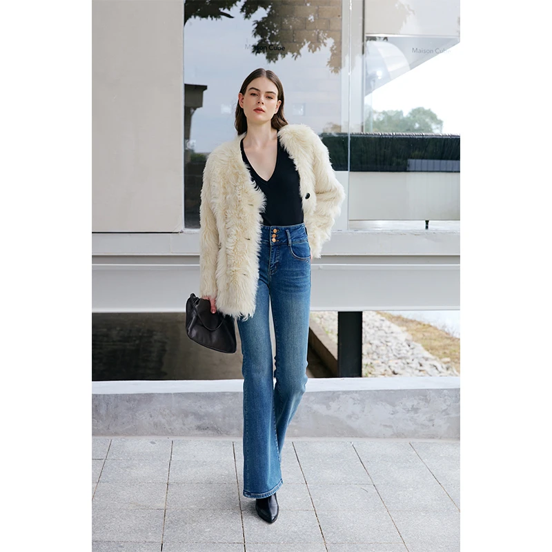 质社冬季加绒弹力经典双色三粒扣提臀显瘦喇叭牛仔裤E306