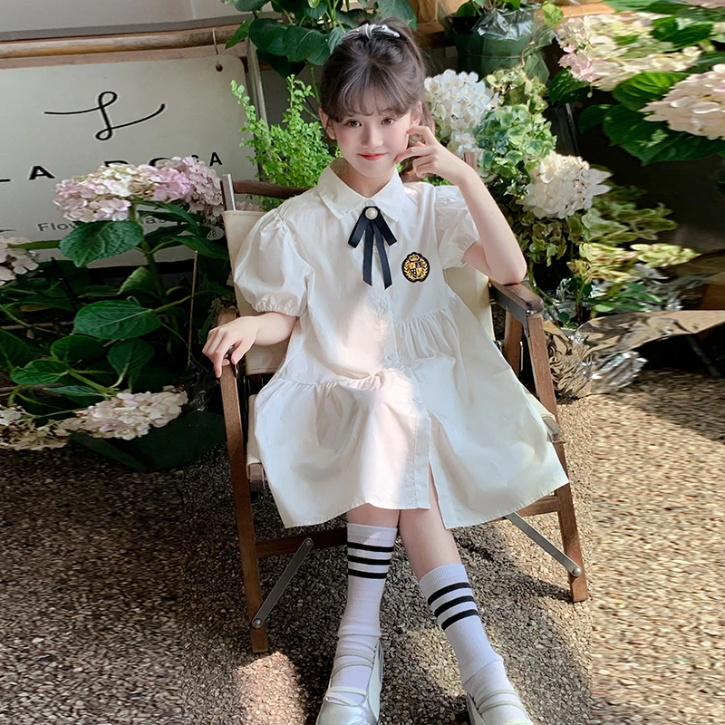 女童短袖t恤裙夏季2025新款儿童学院风白色衬衫儿童泡泡袖连衣裙