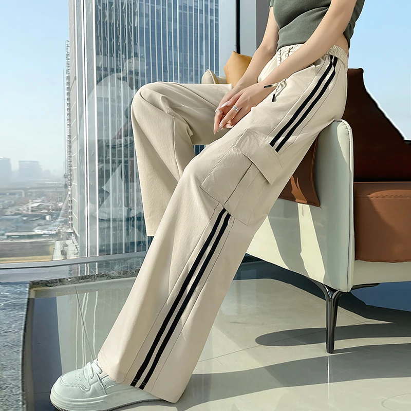 美式速干工装裤女夏季高腰登山直筒运动休闲杏白色窄版阔腿裤女