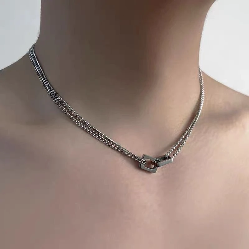 钛钢项链 双层环扣项链男潮钛钢不掉色颈链百搭高级感锁骨链男女