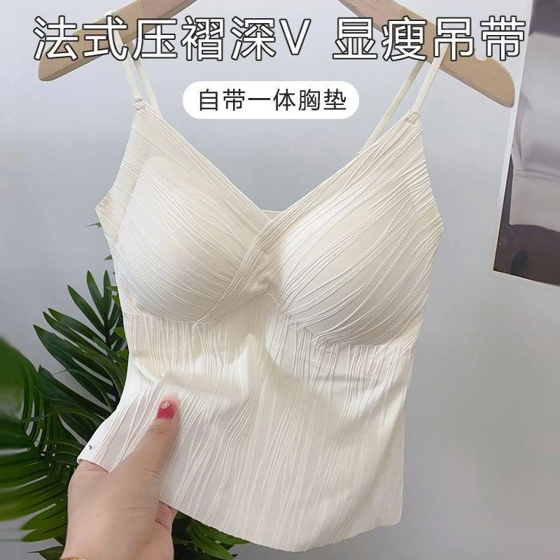 夏季薄款外穿显瘦打底衫法式压褶深V吊带背心美背内衣夏季薄款外