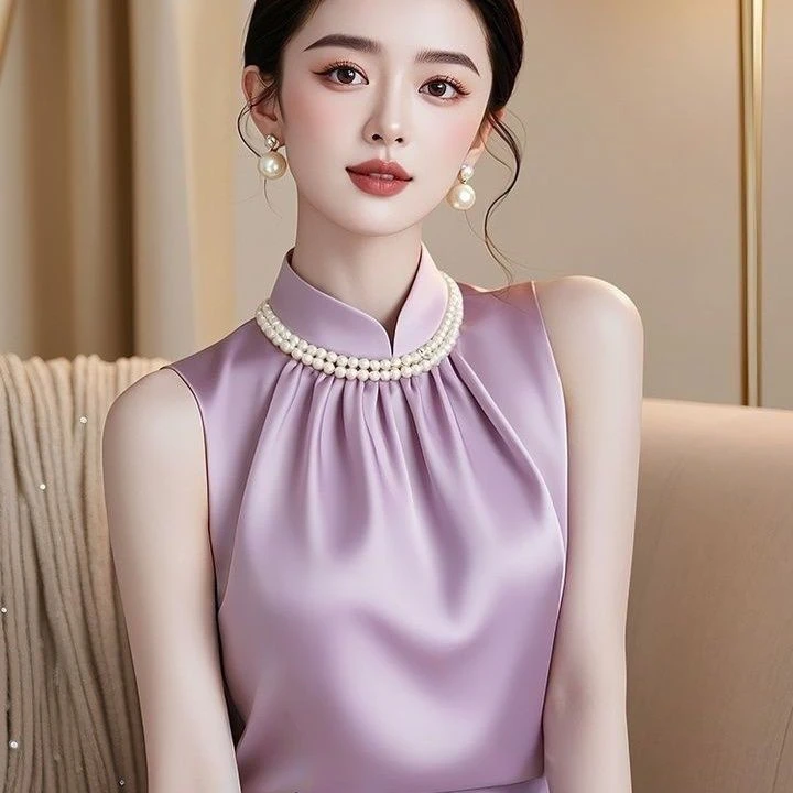 洋气高端别致紫色无袖衬衫女轻熟法式小众绝美小上衣