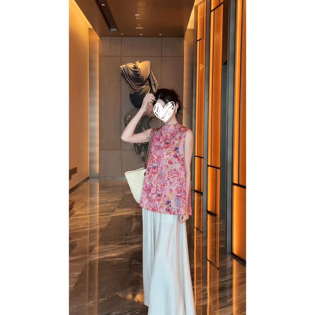 新中式提花无袖中长款上衣2025新款百搭阔腿裤夏季清凉感两件套女