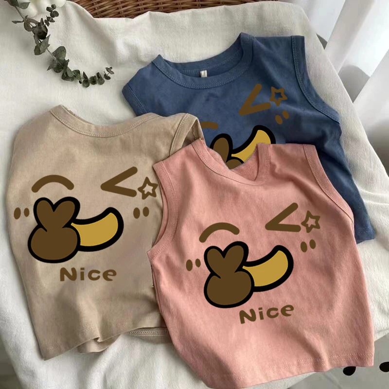 儿童无袖t恤夏季男女童纯棉小背心男童宝宝卡通印花洋气薄款上衣T