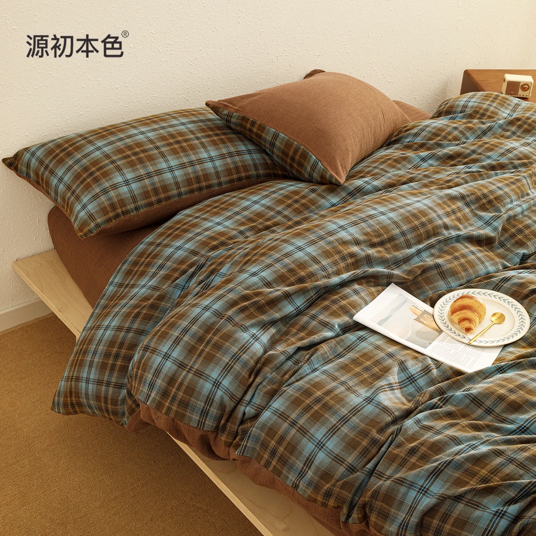 源初本色中古风全棉双层纱四件套软糯复古格子被套纯棉床单三件套