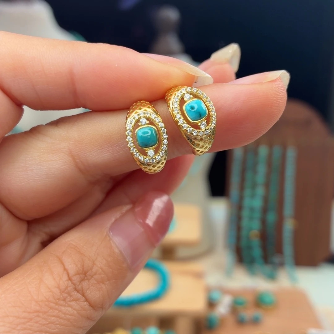 绿松石银S925镀金镶嵌耳饰