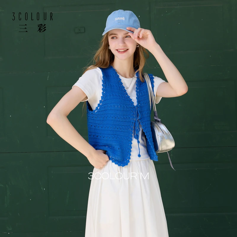 三彩2025夏秋季新款针织马甲肌理感系带v领毛衫叠穿短款上衣女M