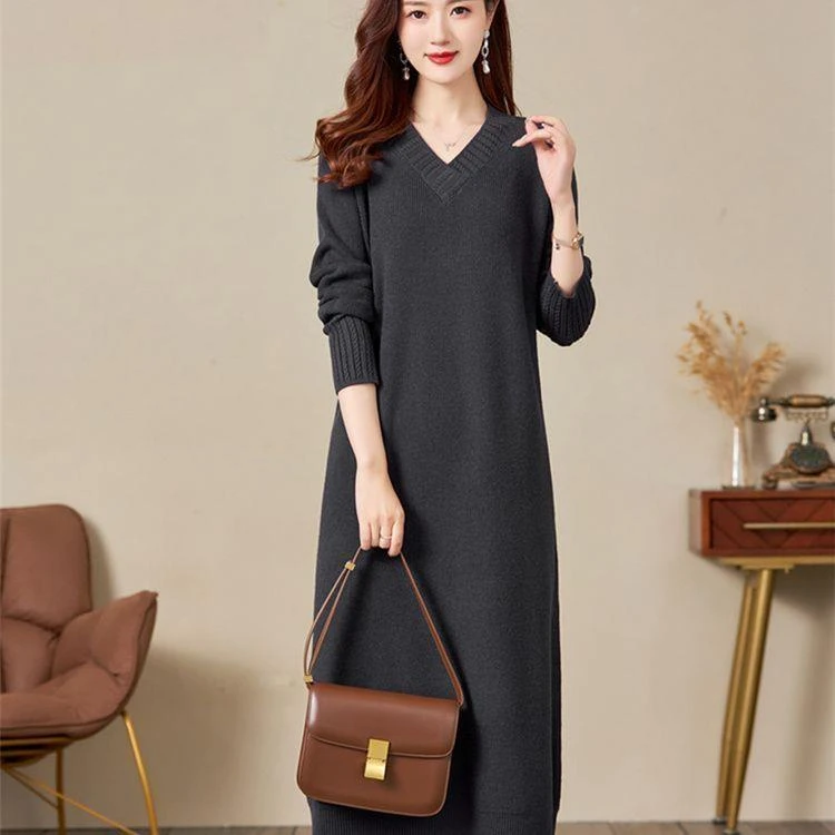 秋冬领连衣裙过膝长裙大码字裙纯色针织衫宽松显瘦春季打底裙厚