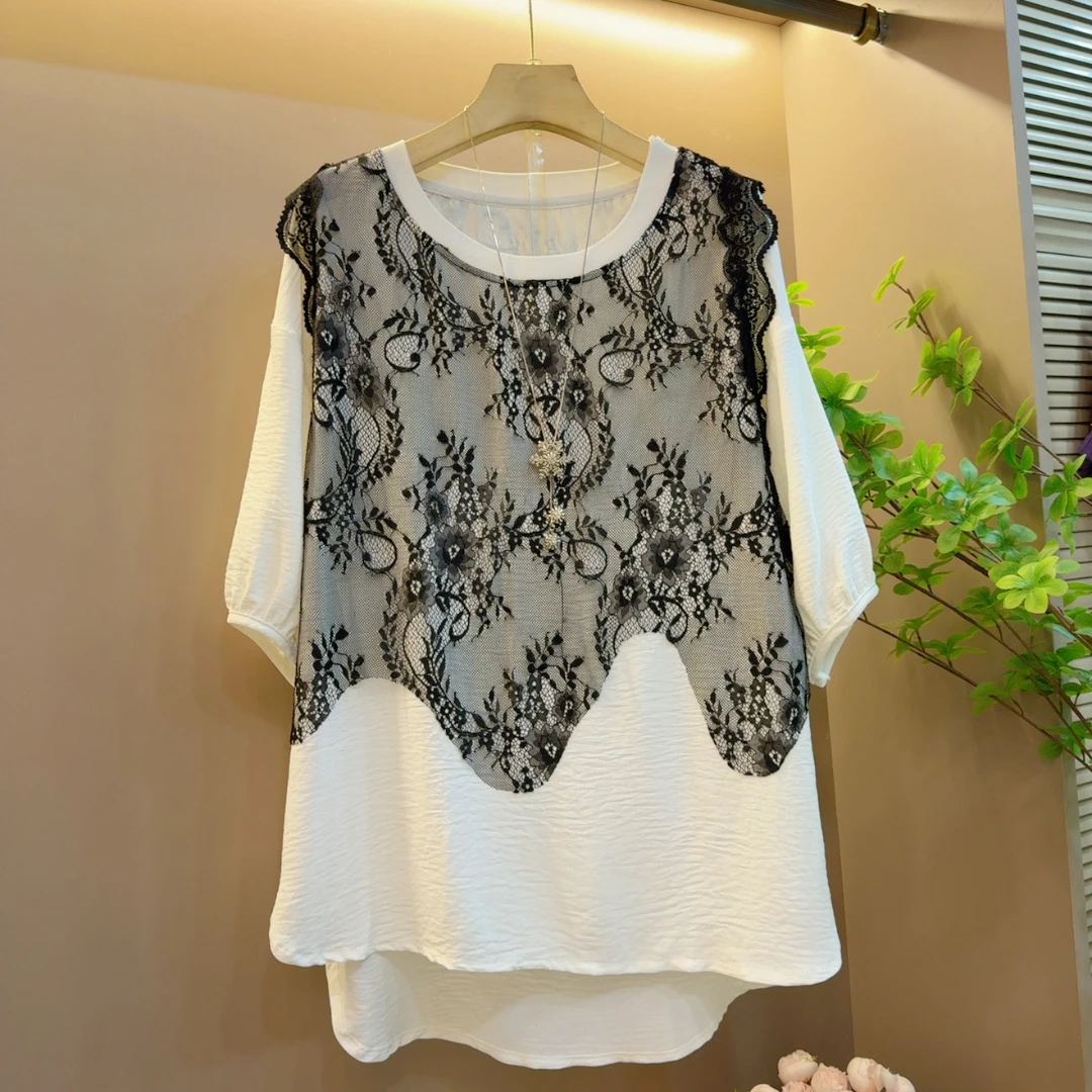 韩版时尚新款圆领拼接显瘦假两件宽松减龄上衣（长69左右）