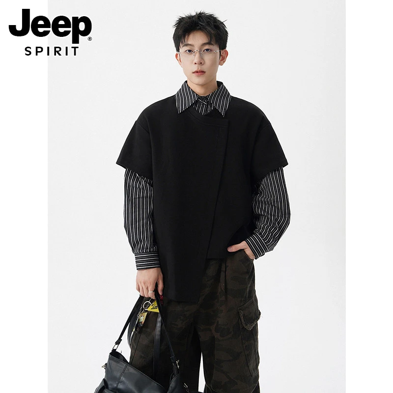 JEEPSPIRIT春秋格子宽松T恤美式短袖Polo衫设计感潮流情侣上衣
