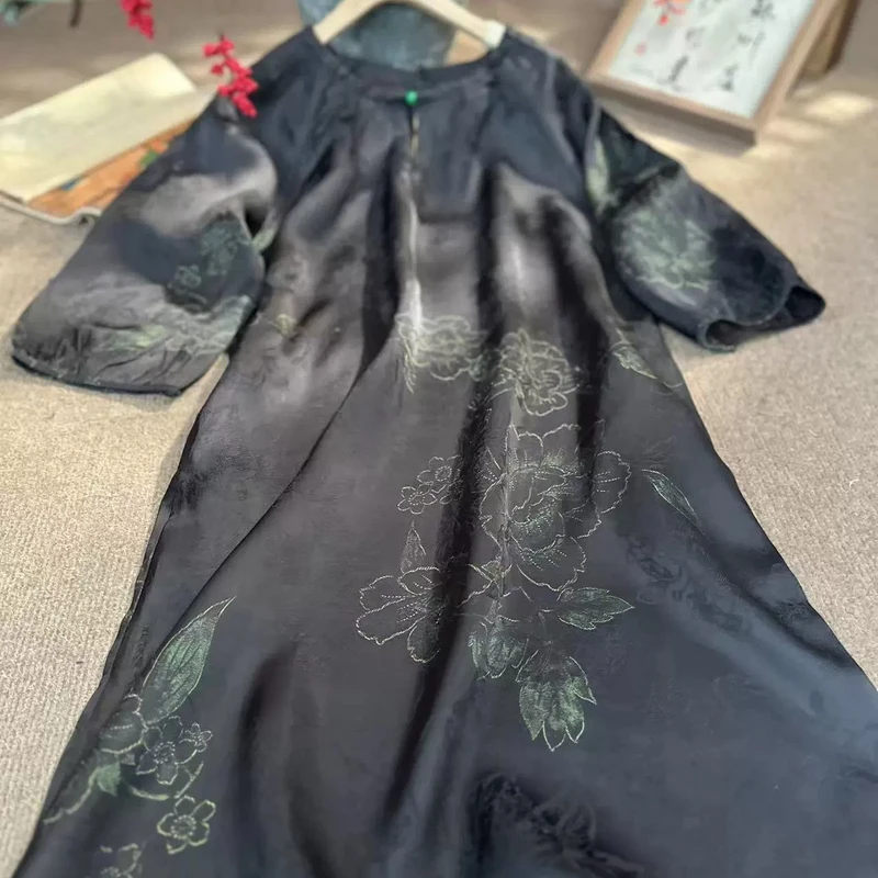 夏季新款新中式国风圆领盘扣牡丹提花宽松显瘦连衣裙