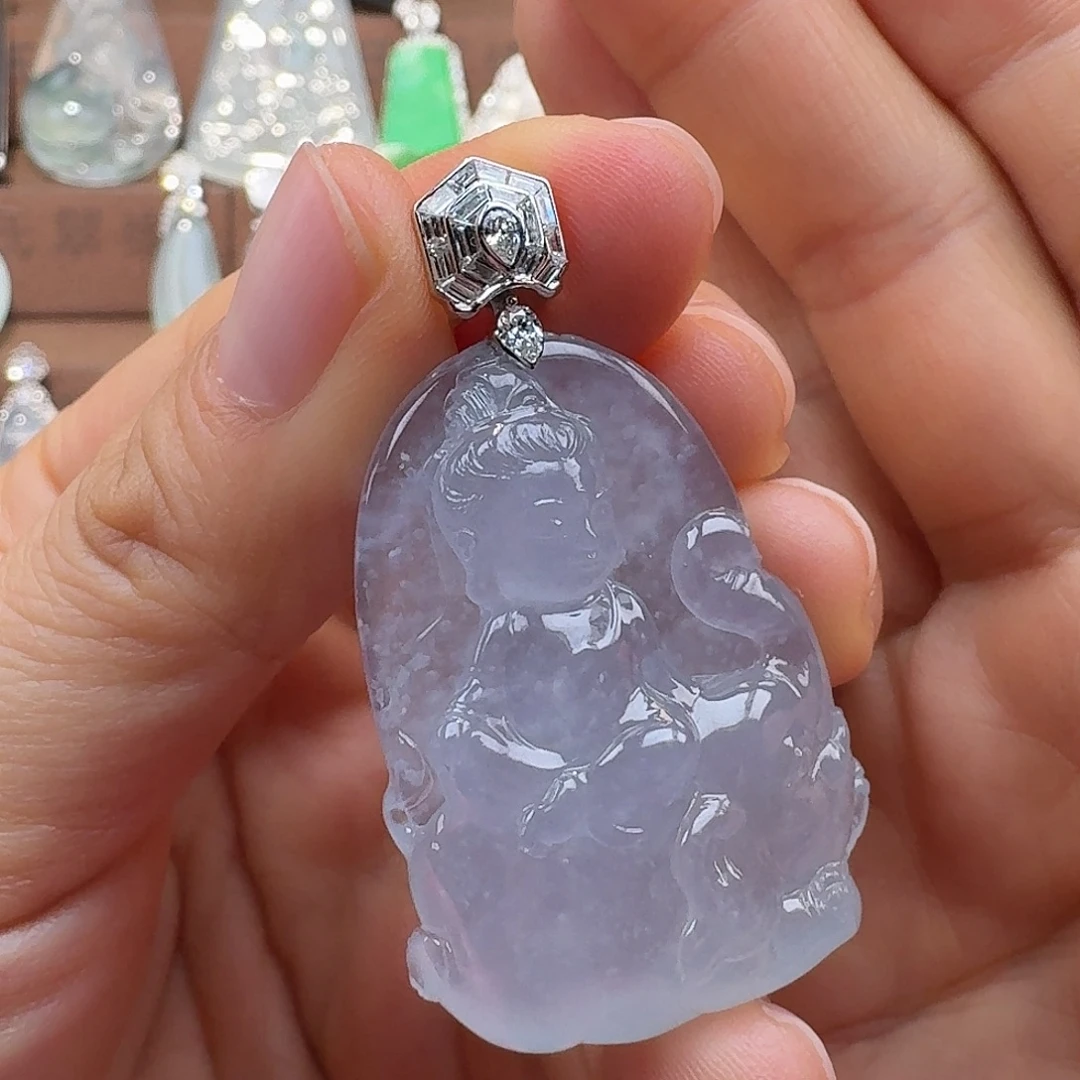 翡翠18K金镶嵌吊坠(赠链)冰胶蓝紫调宝宝普贤菩萨