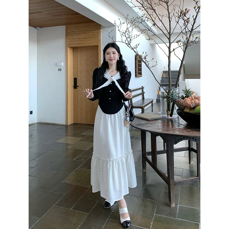 【奶油慕斯半裙现货】甜辣多多2025春季白色波点松紧腰双层半身裙女