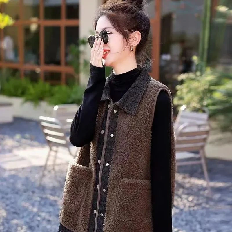 欧货时尚拼接羊羔毛马甲女短款潮牌春秋女马甲新款显瘦外穿背心潮