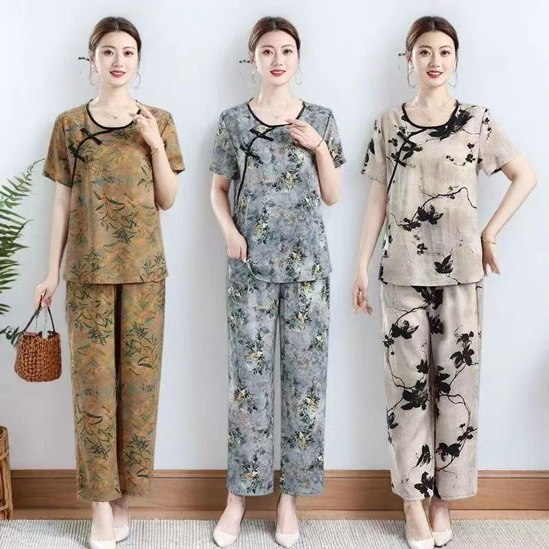 夏季新款套装棉绸两件套中老年女宽松百搭透气妈妈装显瘦衣服裤子