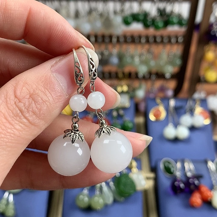 石英质玉（金丝玉）耳环银S925镶嵌14左右