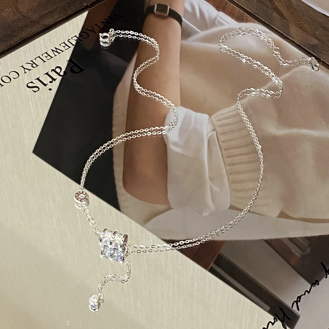 坠链均925银莫桑石 镀K金 新国风轻奢滚筒 流苏O泡项链X7980