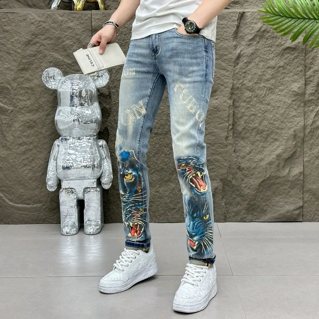 欧洲站春夏新款虎头印花牛仔裤男士潮流个性薄款修身百搭小脚长裤