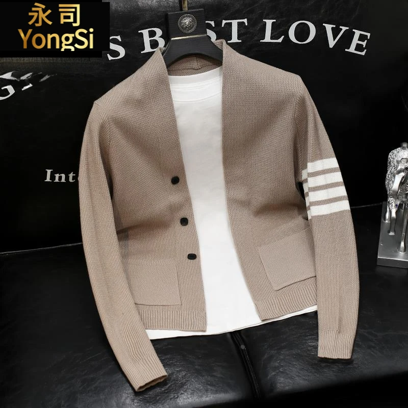 2025春秋新款条纹撞色高端设计感针织开衫男装休闲痞帅毛衫外套潮