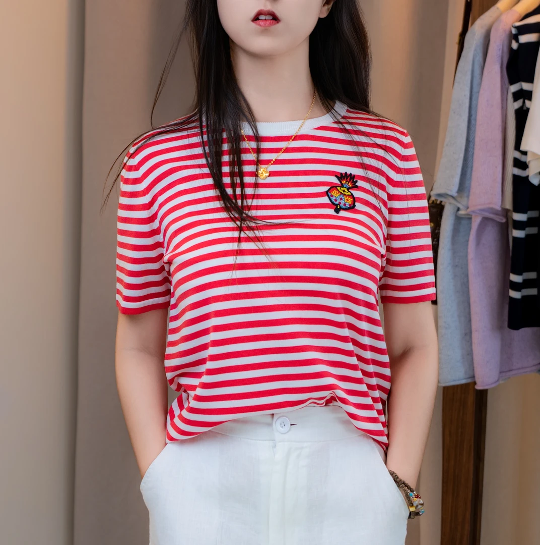 【活力条纹】2025新款夏季宽松型短袖撞色条纹针织衫常规T恤