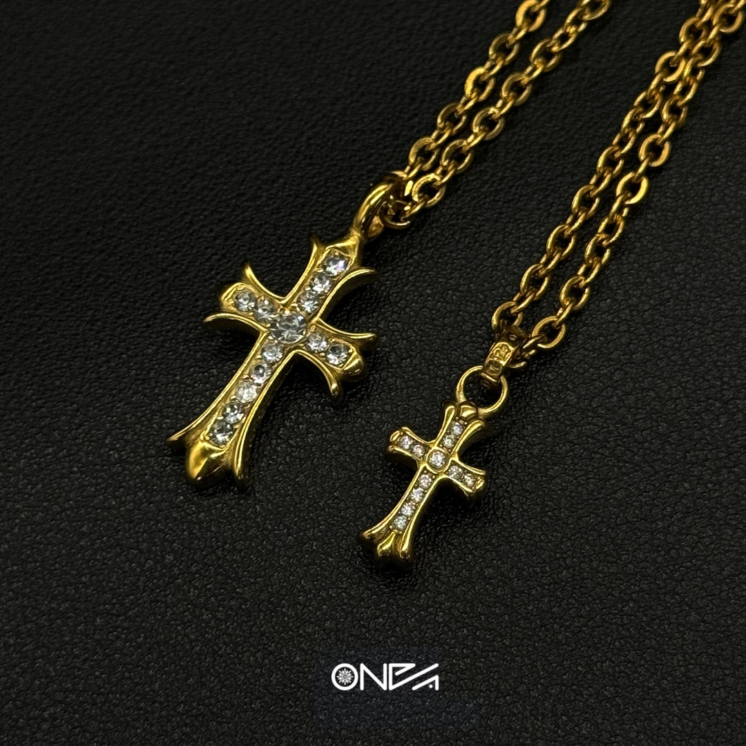 钛钢项链 洗澡出汗不掉色 高定刻字双面大小十字项链男女通用