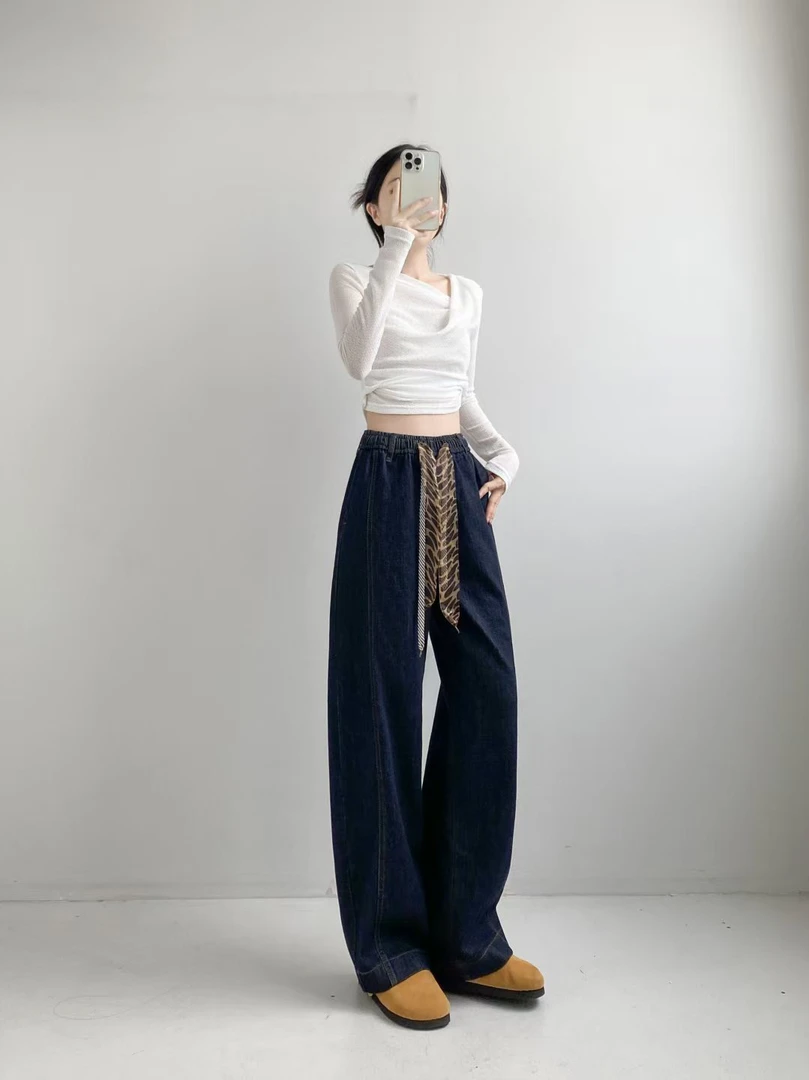 【商场同款】深蓝色牛仔裤女2025新款秋季松紧带腰直筒宽松高腰垂感