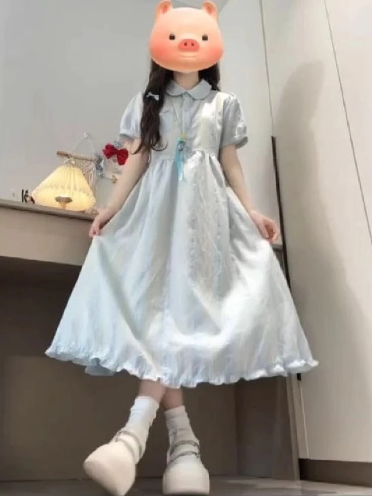【高品质款】韩系甜美蓝色polo领短袖连衣裙女夏季新款学生收腰长裙