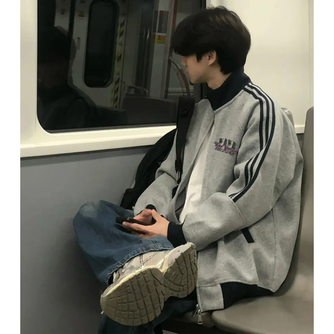 美式复古创意字母印花立领三条杠开衫外套男女秋冬季休闲情侣卫衣