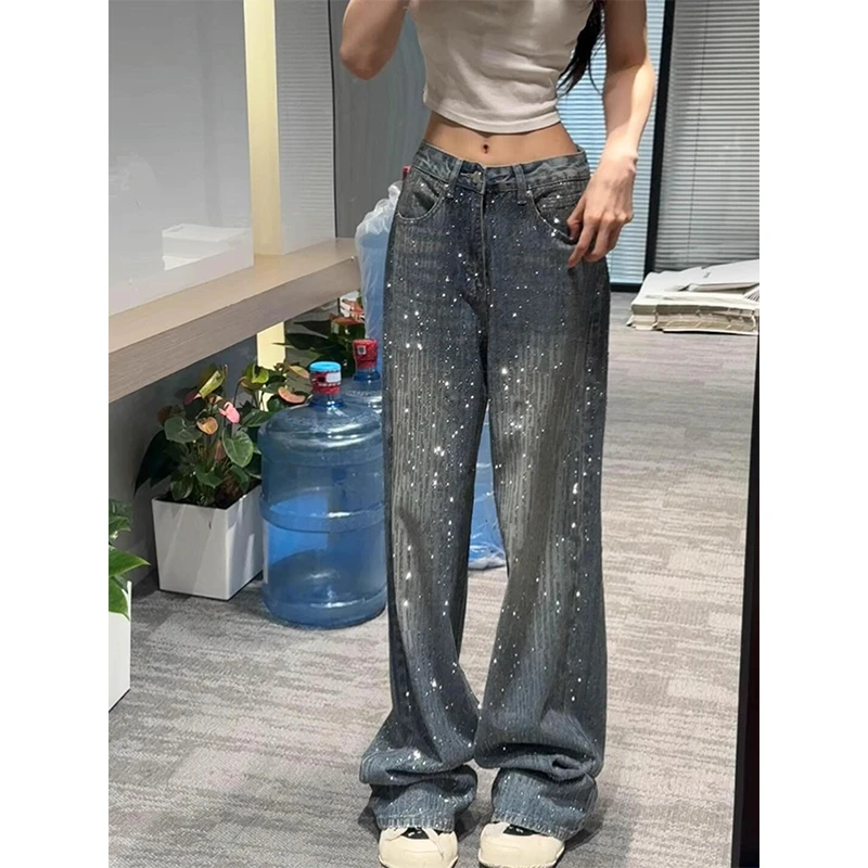 美式复古设计感烫钻牛仔裤女2025秋满天星重工辣妹爆闪拖地长裤子