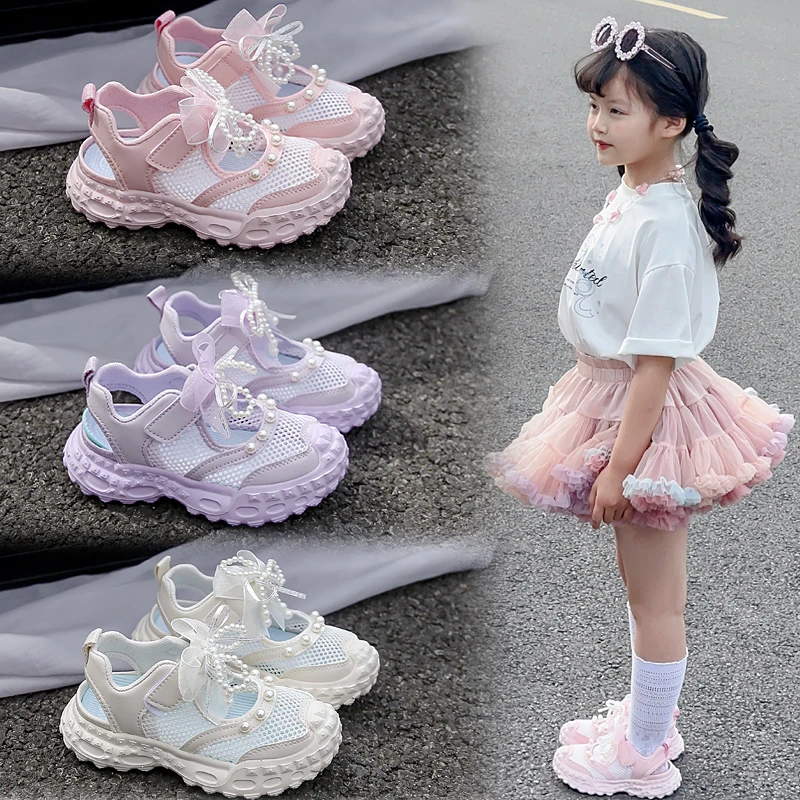 2025夏季新款女童镂空蝴蝶结透气运动凉鞋舒适百搭休闲鞋 0319 TY