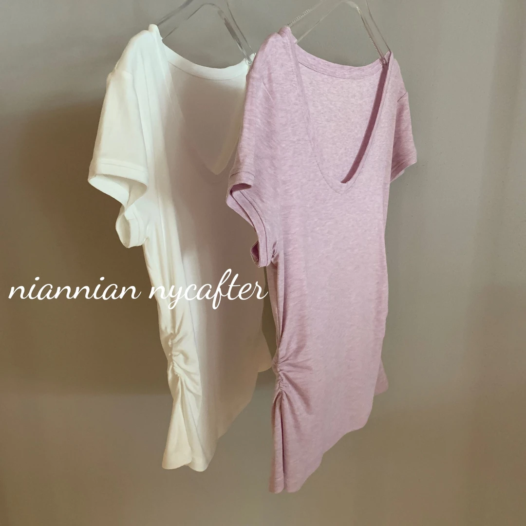 250495[莱赛尔+绵羊毛]正肩腰部抽褶短袖T恤V领T恤iu1994