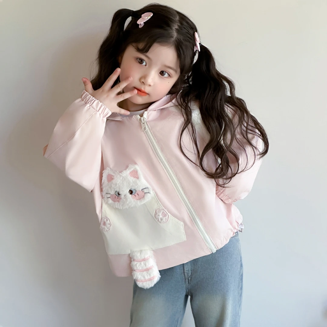 女童外套2025秋装新款洋气儿童冲锋衣女宝卡通猫咪夹克衫连帽上衣