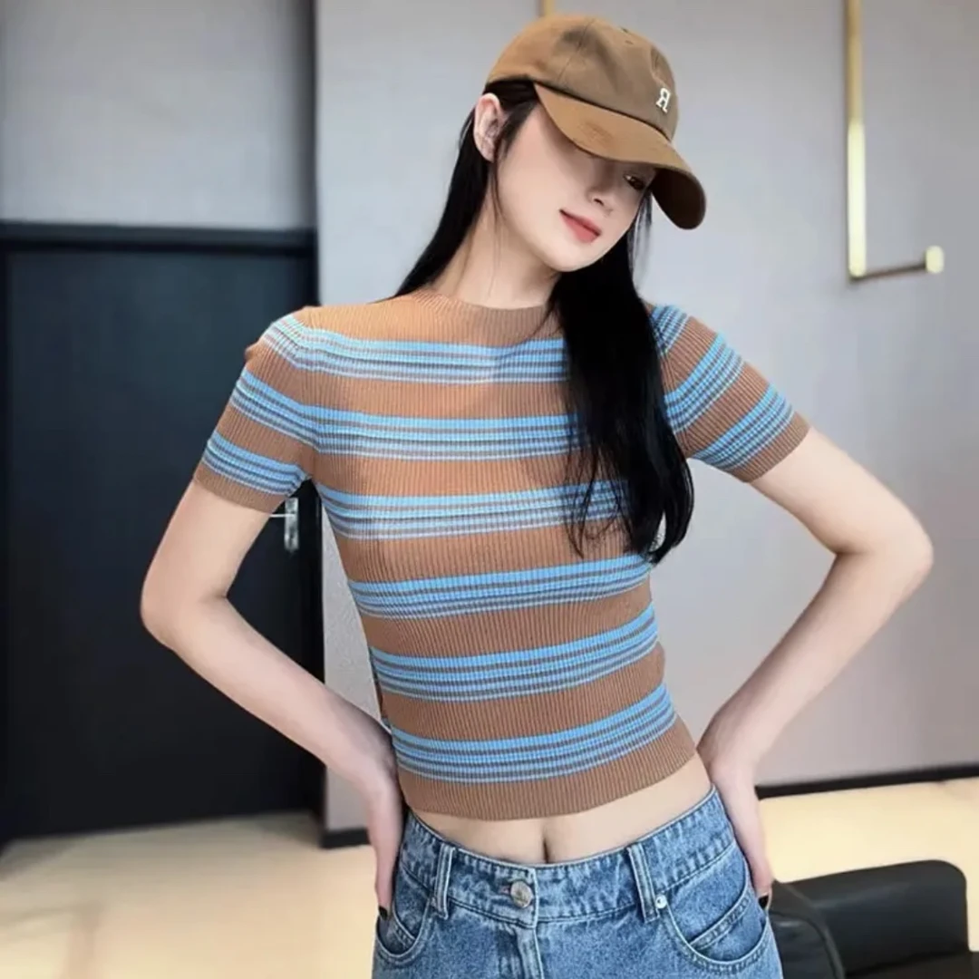 AMASS/阿玛施新款女装时尚百搭条纹圆领修身套头短袖针织衫538047